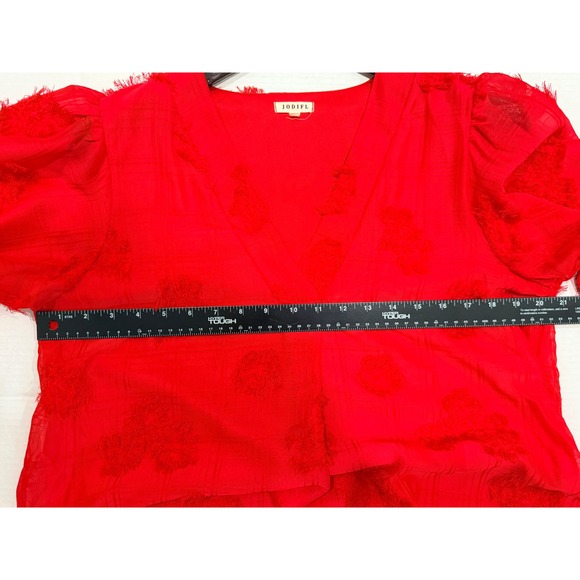 JODIFL Red Textured Fringed V Neck Balloon Sleeve Tunic Top M - Picture 5 of 7